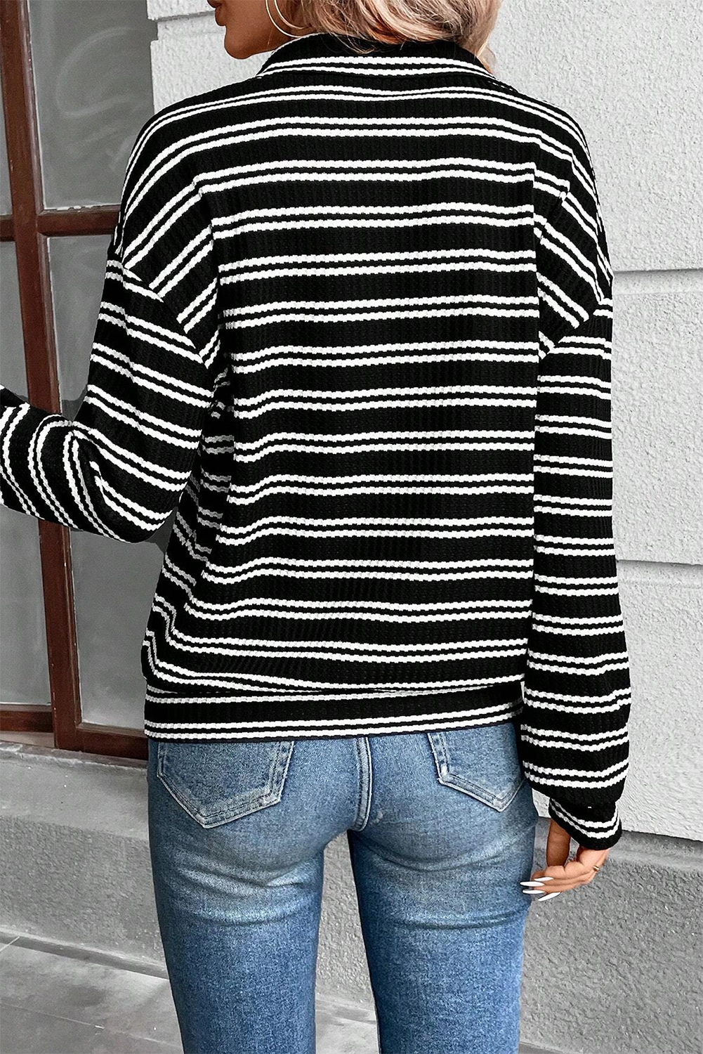 Black Stripe Textured Quarter Zip Collar Long Sleeve Top - loveforevers