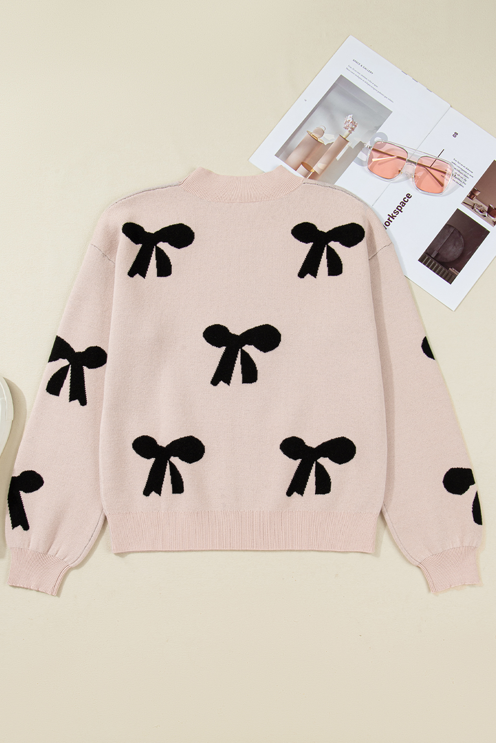 Bright Pink Pearl Embellished Bow Pattern Loose Sweater - loveforevers