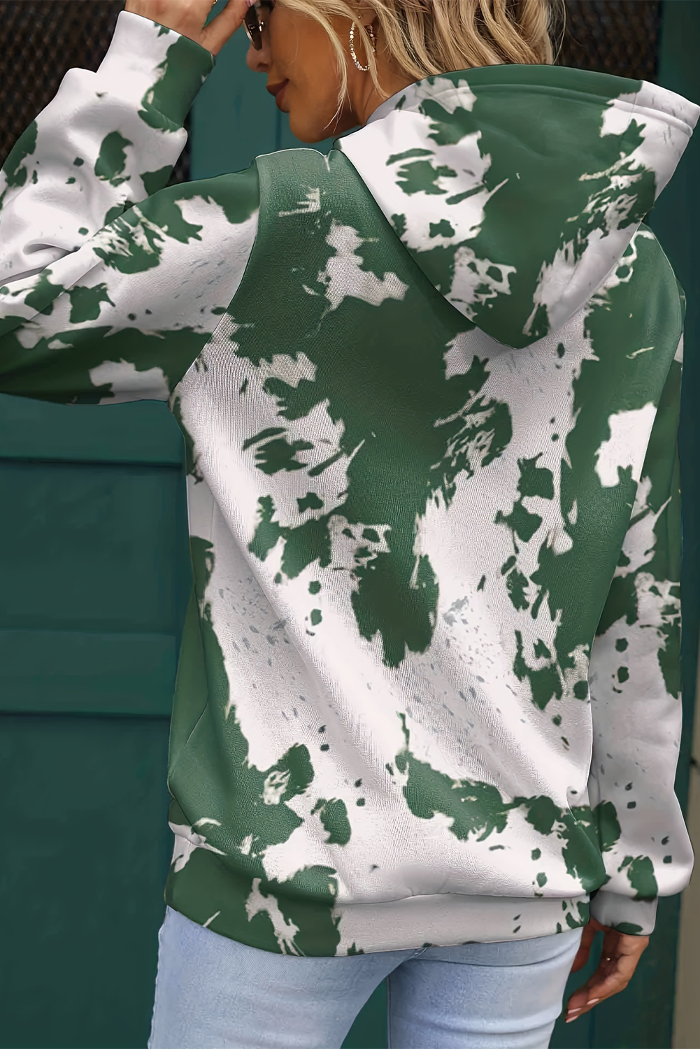 Green Tie Dye Print Kangaroo Pocket Loose Hoodie - loveforevers