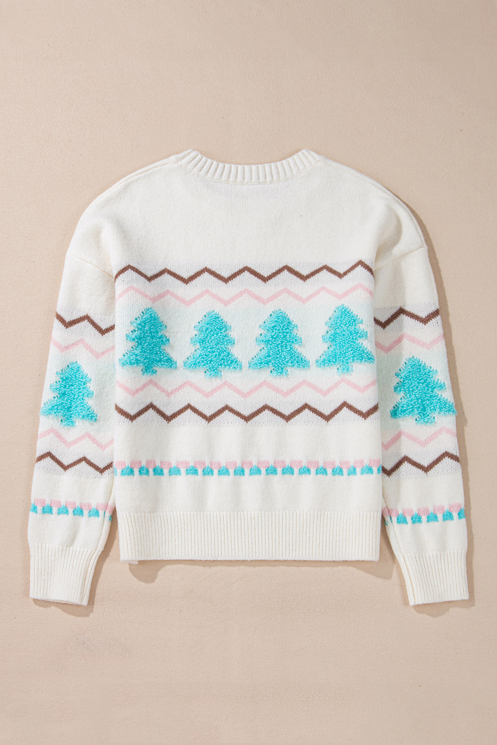 White Striped Christmas Tree Ribbed Trim Drop Shoulder Sweater - loveforevers