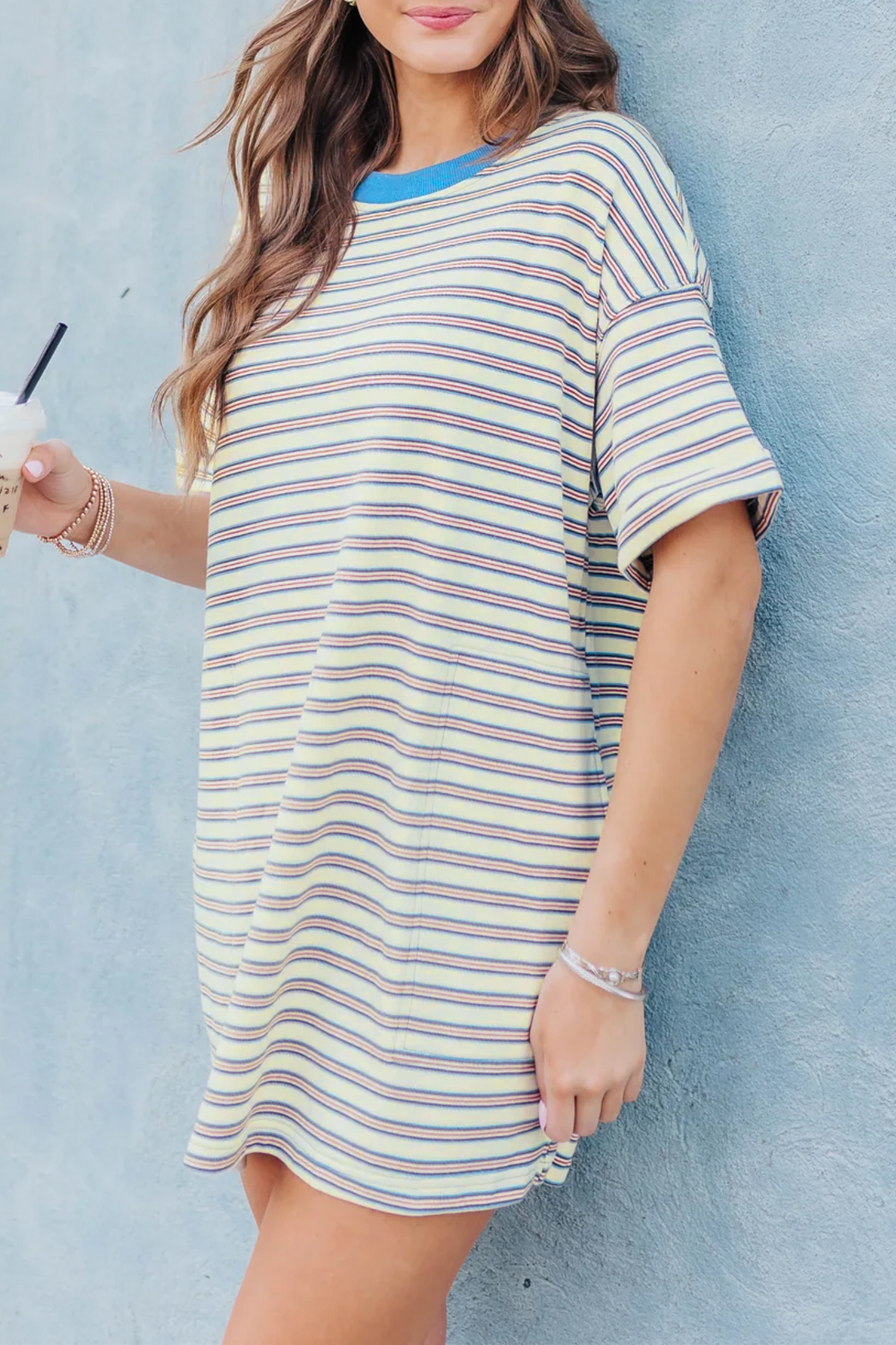 White Stripe Drop Shoulder Cuffed Sleeve Loose Tunic T Shirt Mini Dress - loveforevers