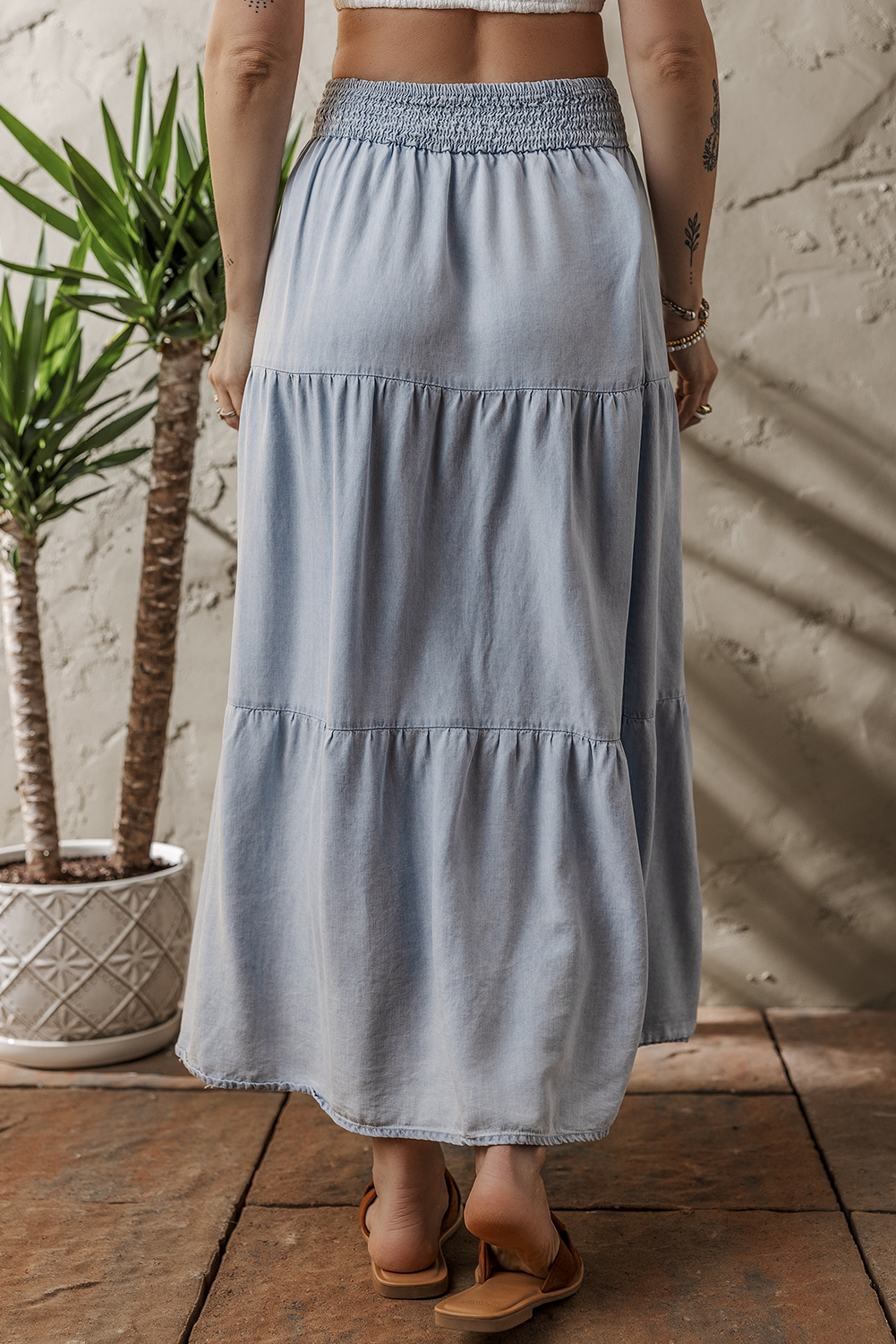 Beau Blue Tiered Smocked High Waist Denim Maxi Skirt - loveforevers