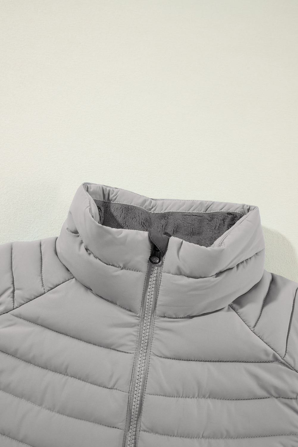 Silvery Plush Collared Quilted Zipped Puffer Vest - loveforevers