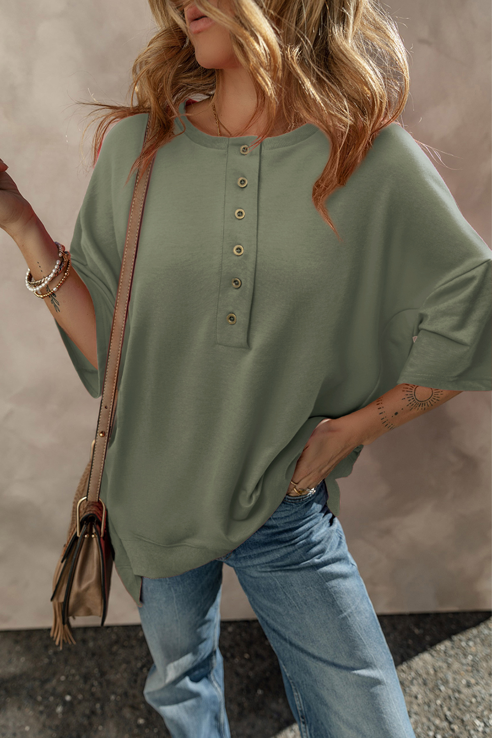 Jungle Green Exposed Seam Button Neck Wide Sleeve Tunic Top - loveforevers