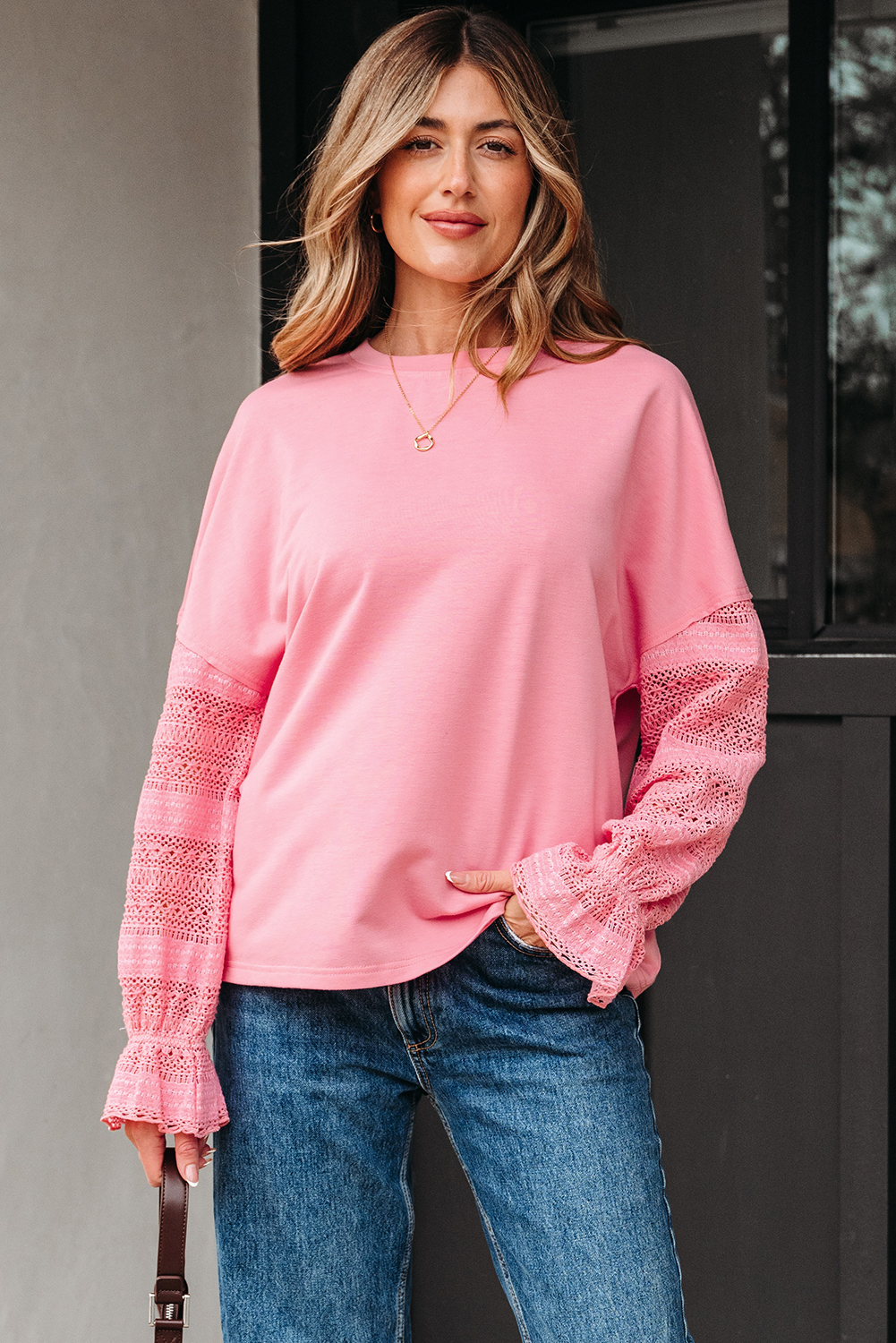 Sachet Pink Drop Shoulder Lace Ruffled Sleeve Patchwork Loose Sweatshirt - loveforevers