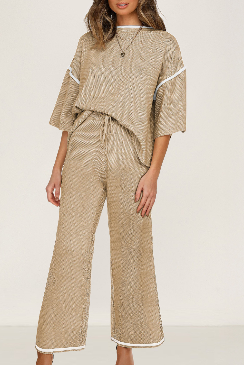 Blackish Green Contrast Trim Half Sleeve Top Drawstring Pants Loose 2pcs Sweater Suit - loveforevers