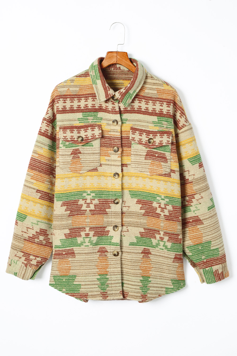Yellow Western Aztec Print Button Flap Pocket Shacket - loveforevers