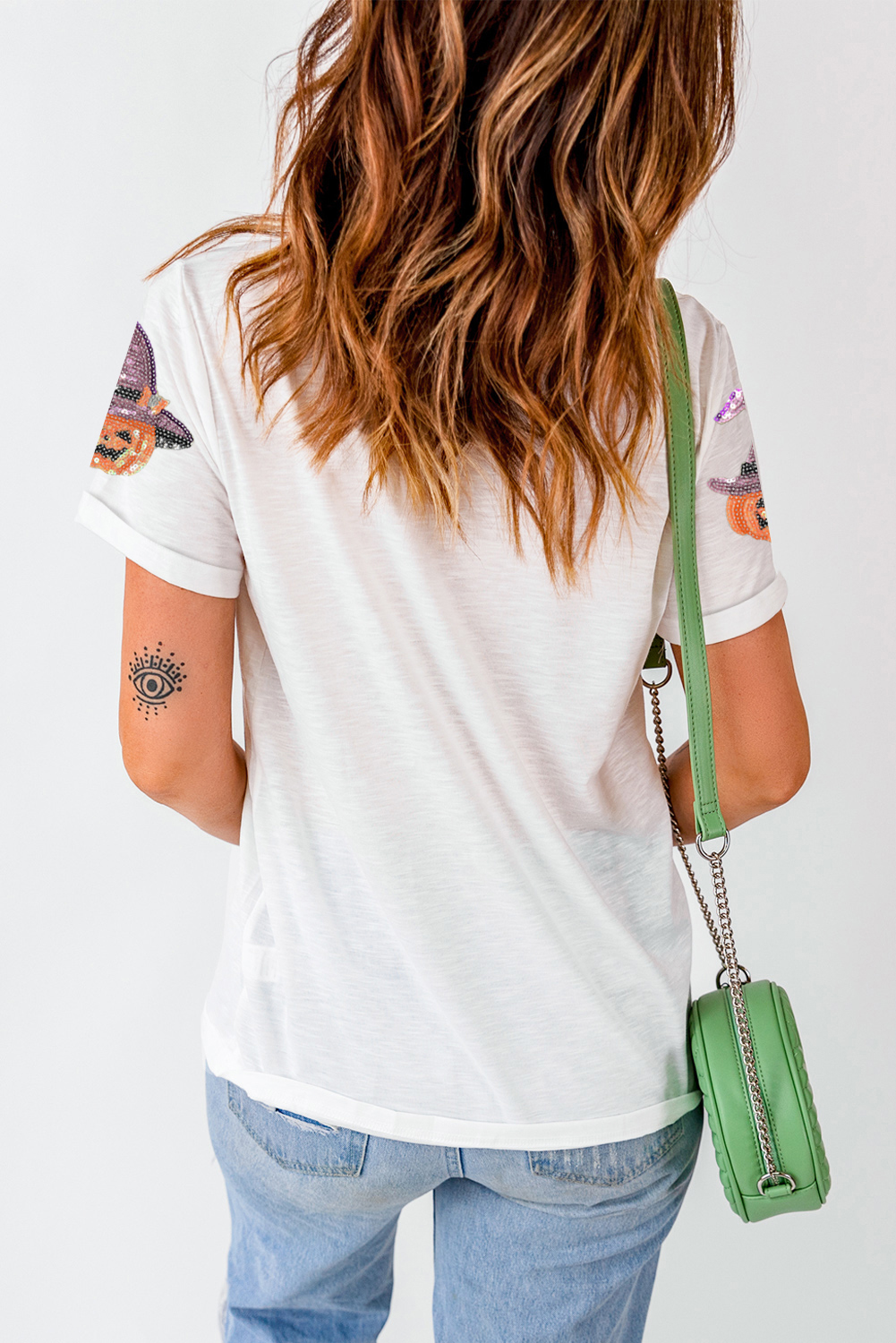 White Sequin Pumpkin Witch Halloween Graphic Tee - loveforevers
