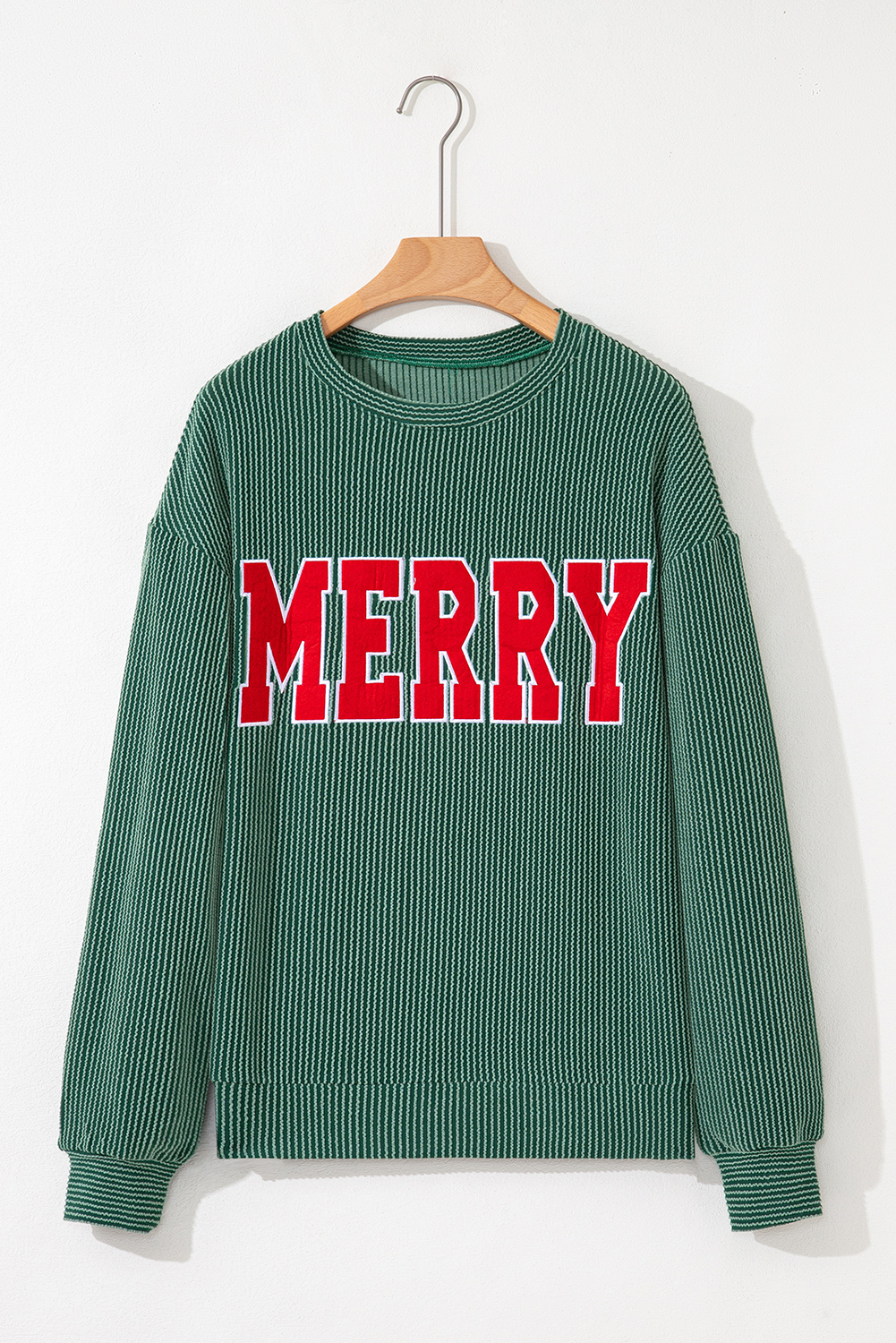Evergreen Twisted Rib Outlined Merry Letter Graphic Loose Long Sleeve Top - loveforevers
