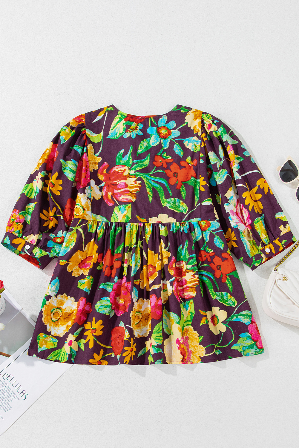Greyish Purple Rose Flower Embroidered Trim Half Sleeve Blouse - loveforevers