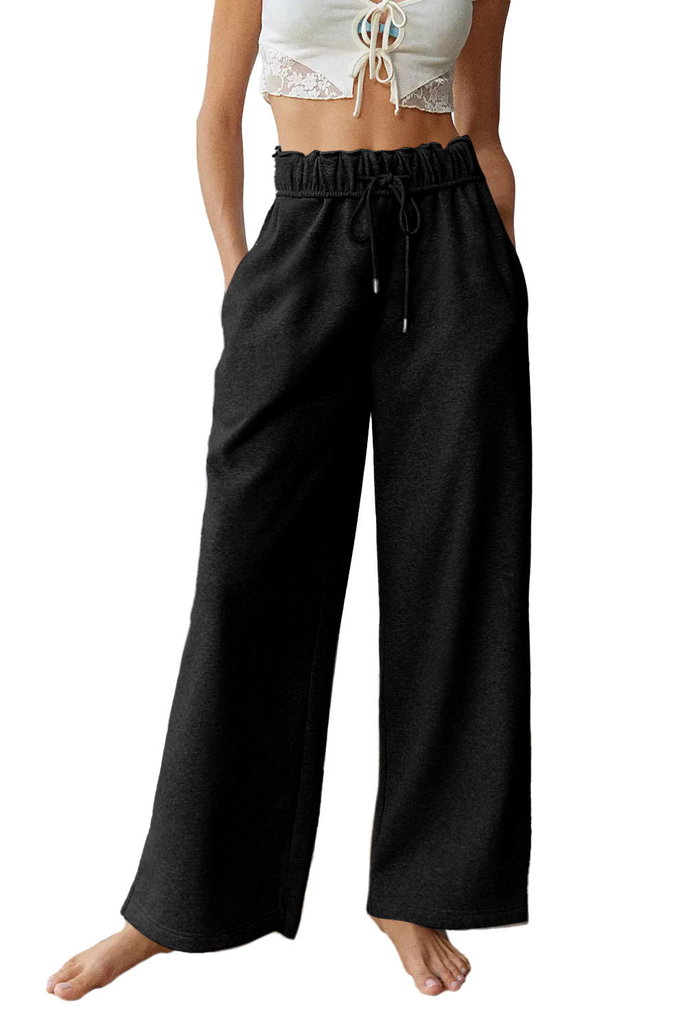 Black Elastic High Waist Drawstring Sweatpants - loveforevers