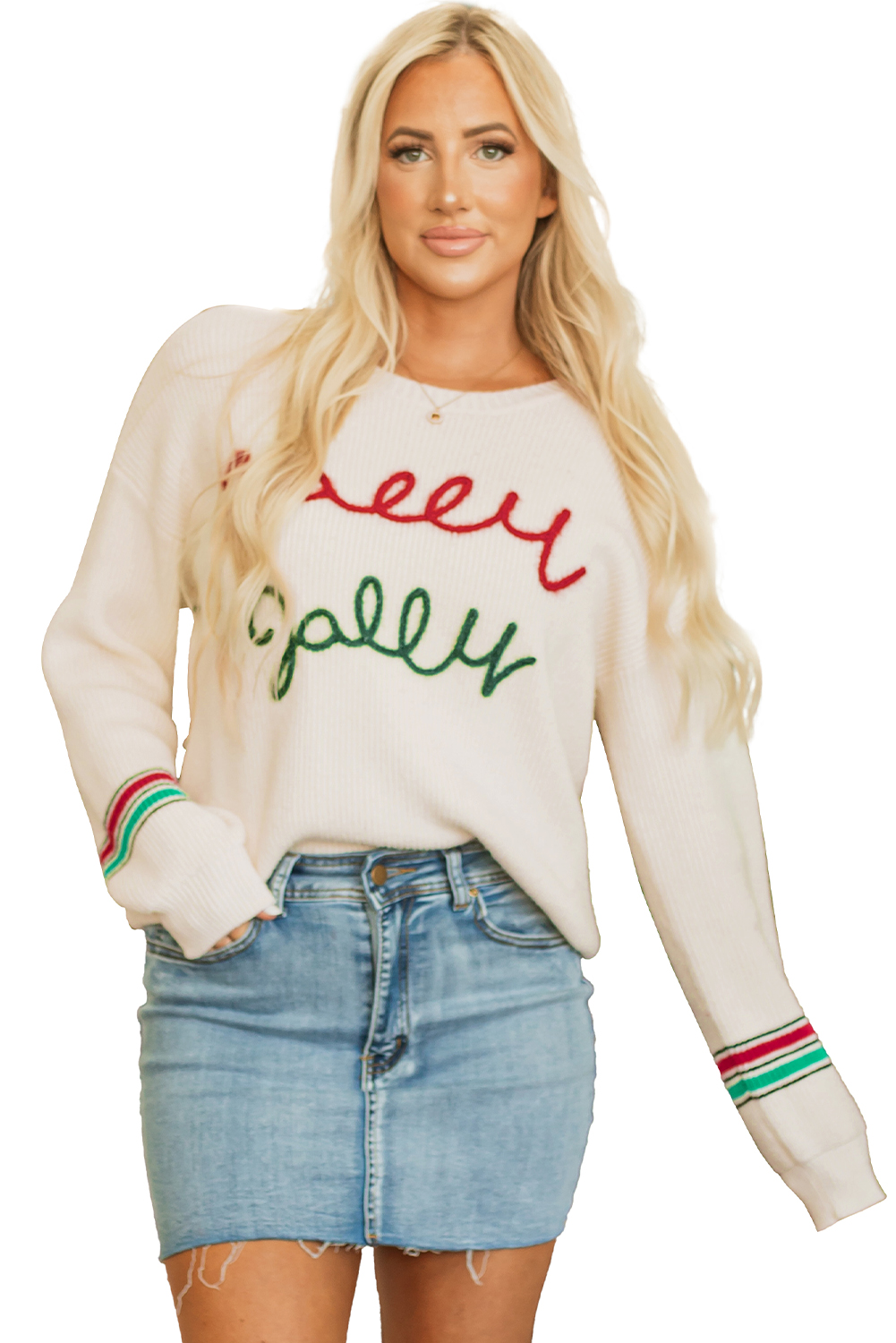 Beige Tinsel Holly Jolly Graphic Classic Sweater - loveforevers