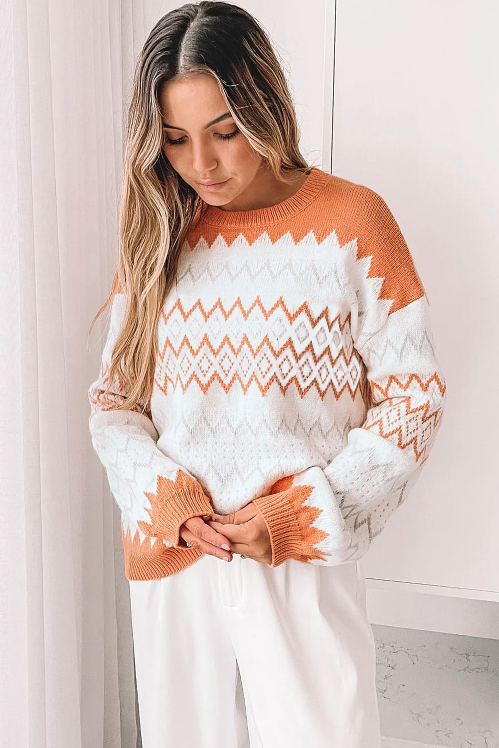 Khaki Zigzag Geometric Pattern Knitted Pullover Sweater - loveforevers