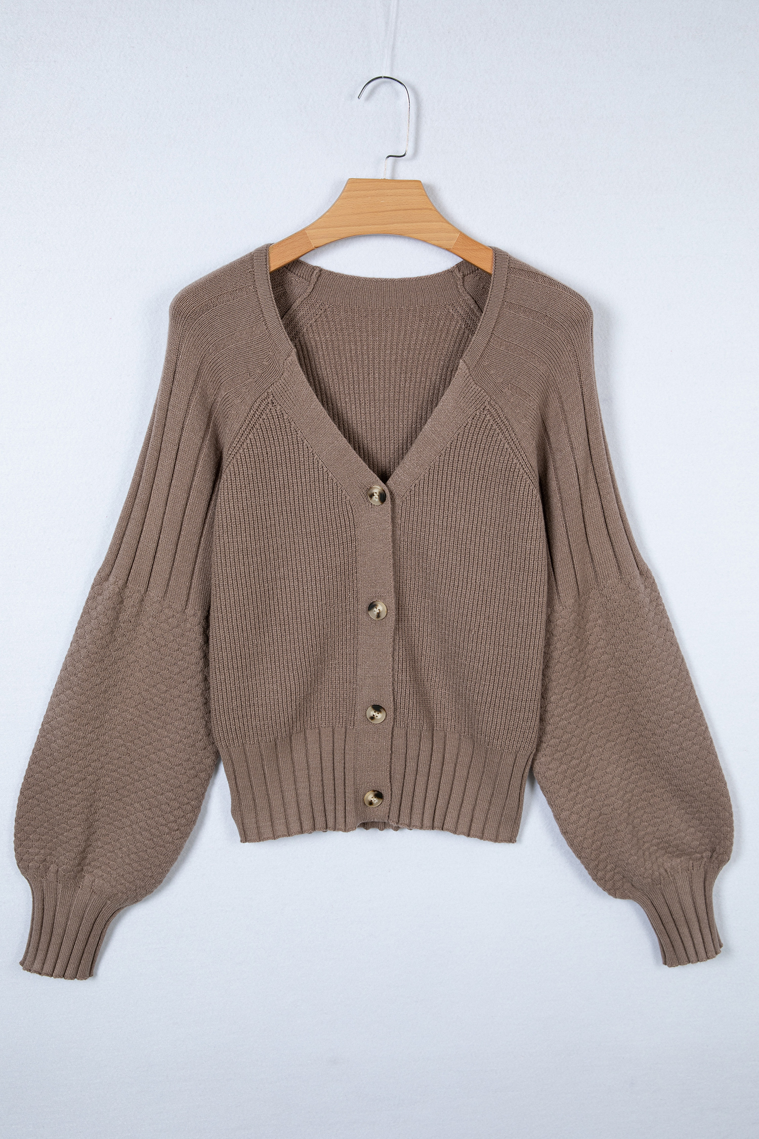 Light Pink Mixed Texture Knit Button V Neck Sweater Cardigan - loveforevers