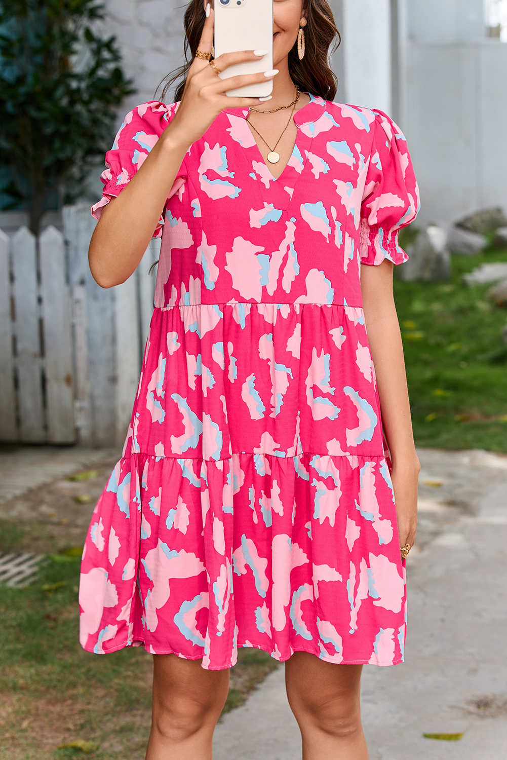 Pink Abstract Printed Puff Short Sleeve Tiered Loose Dress - loveforevers