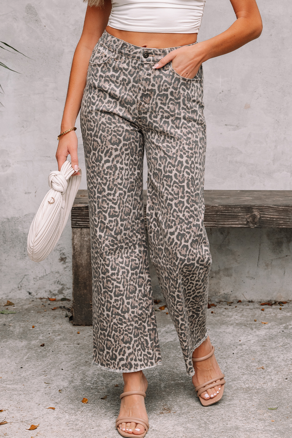 Rose Leopard Frayed Edge Wide Leg High Waist Jeans - loveforevers