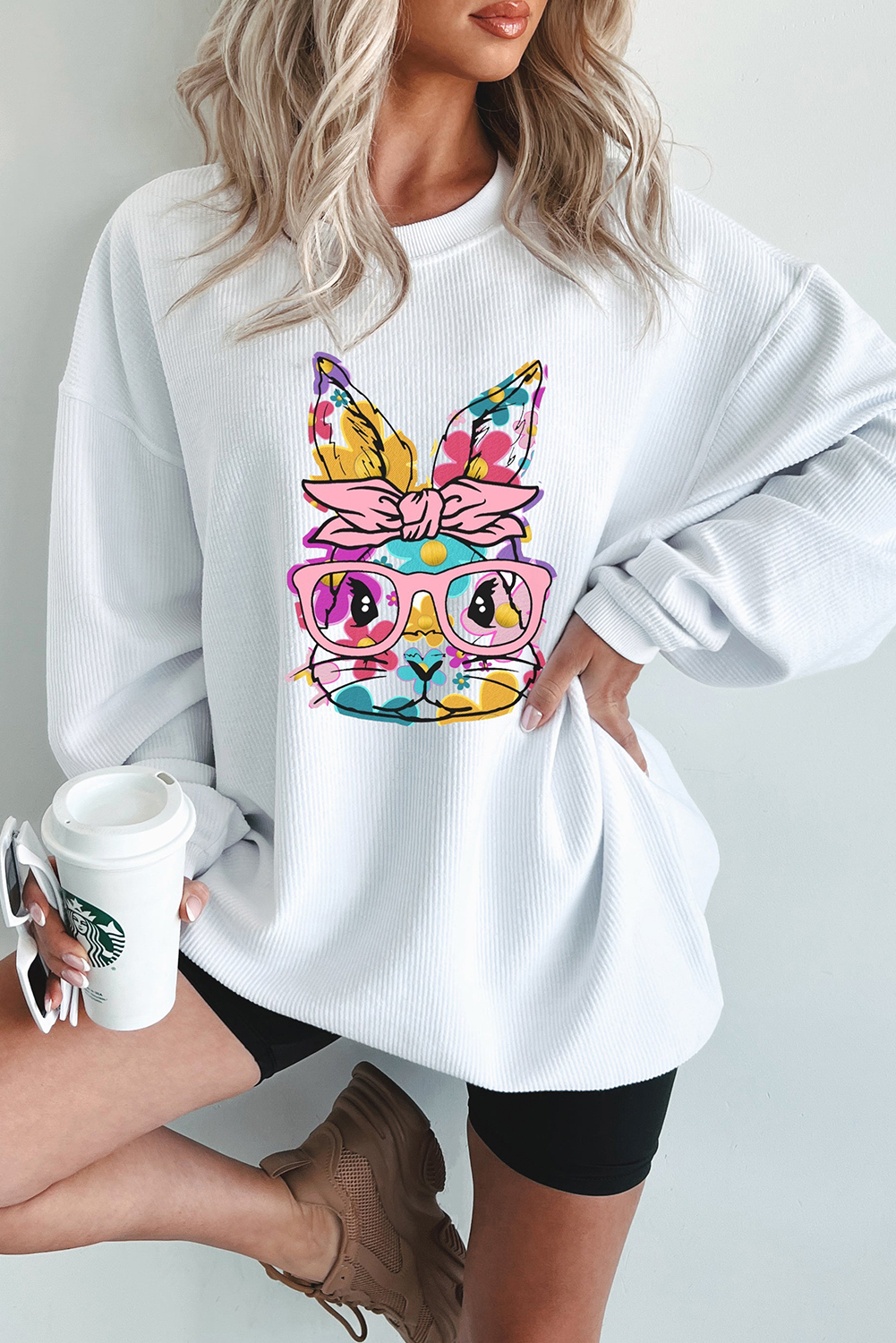 White Floral Rabbit with Glasses Graphic Corded Easter Sweatshirt - loveforevers