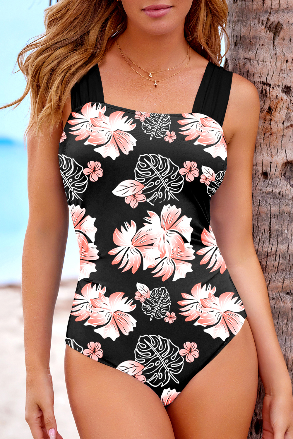Black Square Neck Ruched Tommy Control One Piece Swimsuit - loveforevers