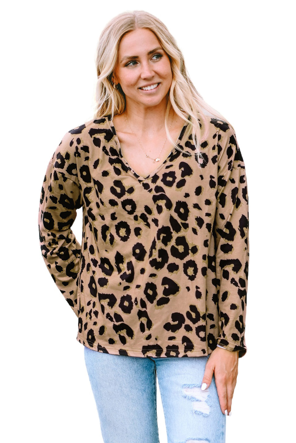 Brown Leopard Split Joint V Neck Long Sleeve Tops - loveforevers