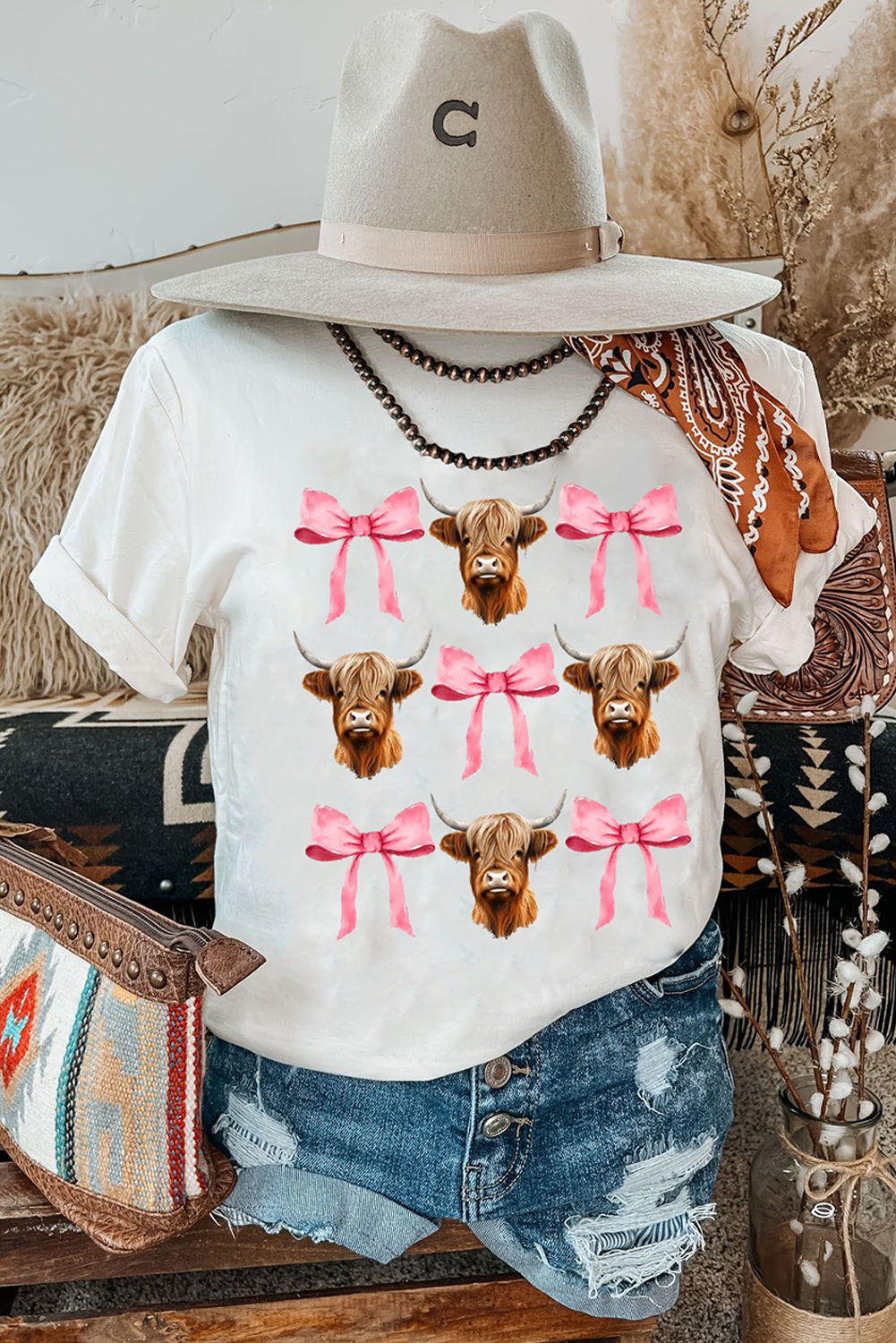 White Coquette Highland Cow Png Bows Graphic Tee - loveforevers