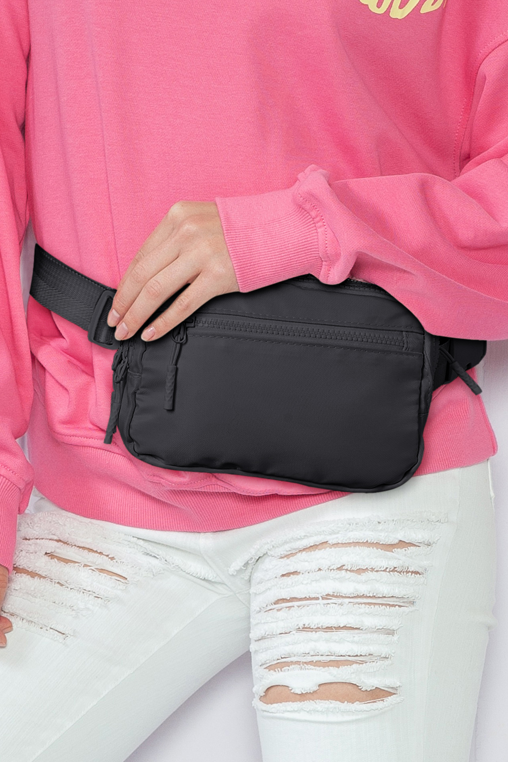 Black Wide Belt Zipped Square Crossbody Bag - loveforevers