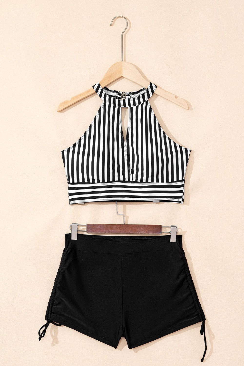 Black Striped Halter Top Drawstring Ruched High Waisted Bikini - loveforevers