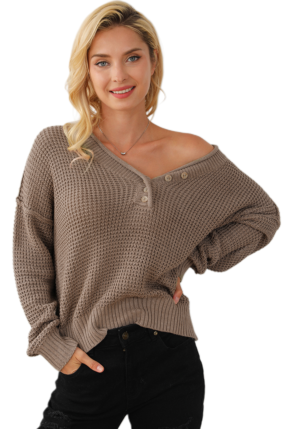 Khaki Pointelle Knit Button V Neck Drop Shoulder Sweater - loveforevers