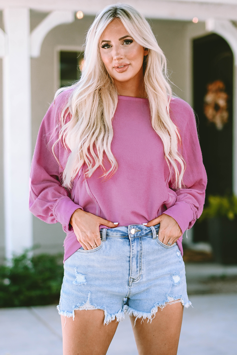 Pink Exposed Seam Round Neck Terry Pullover - loveforevers
