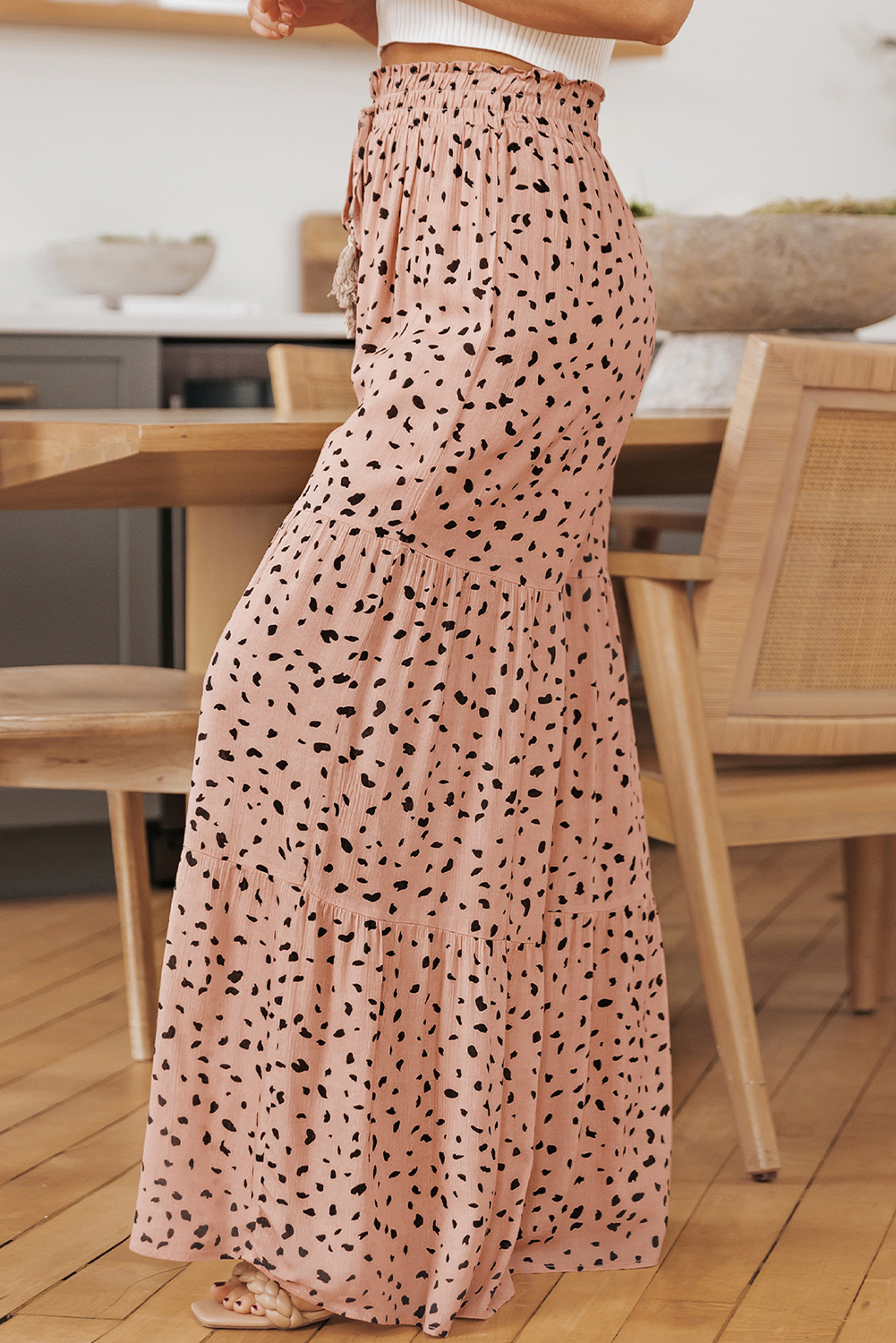 Brown Ruffle Wide Leg Dalmatian Palazzo Pants - loveforevers
