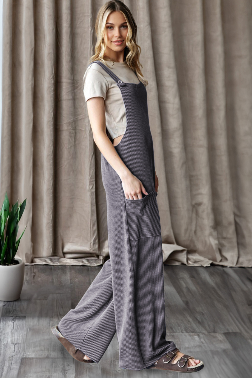 Dark Grey Ribbed Knit Patched Pocket Wide Leg Overalls - loveforevers