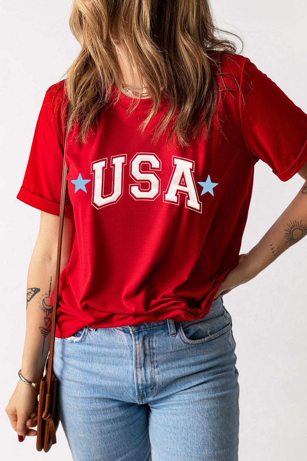 Red Star USA Print Crewneck Patriotic T Shirt - loveforevers
