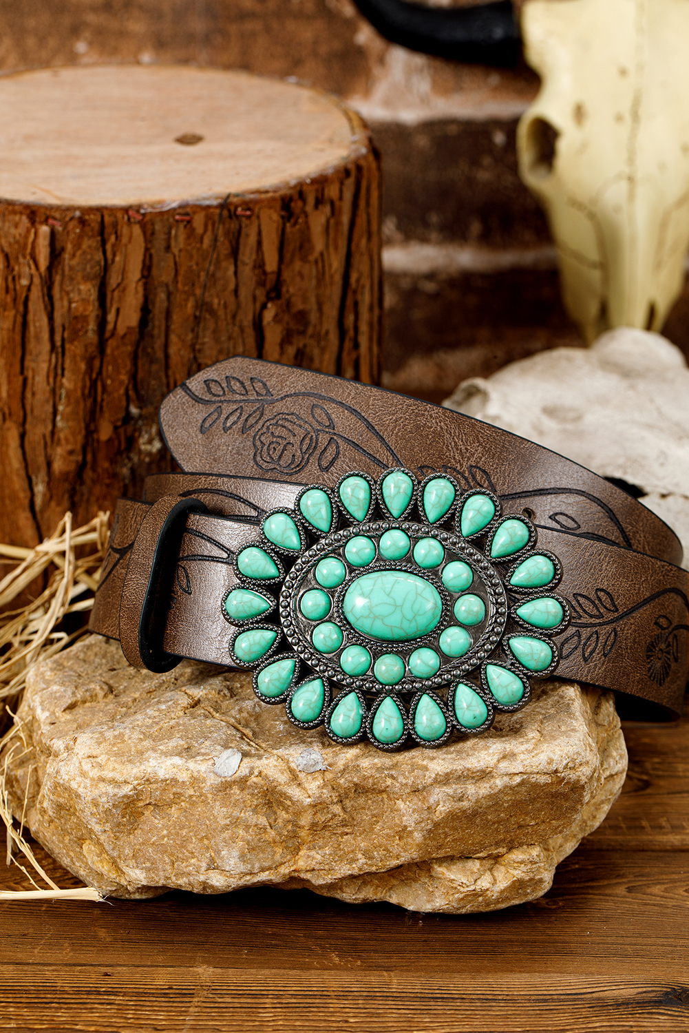 Chestnut Turquoise Gem Stone Western Fashion Faux Leather Belt - loveforevers