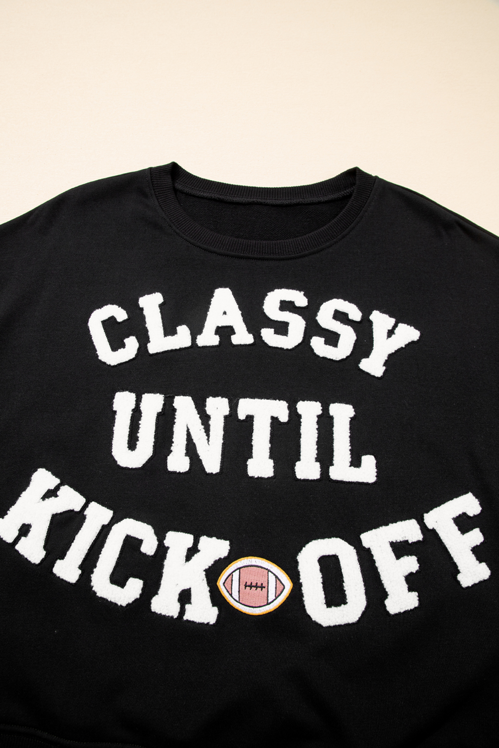 Black CLASSY UNTIL KICKOFF Plush Letter Patched Loose Sweatshirt - loveforevers