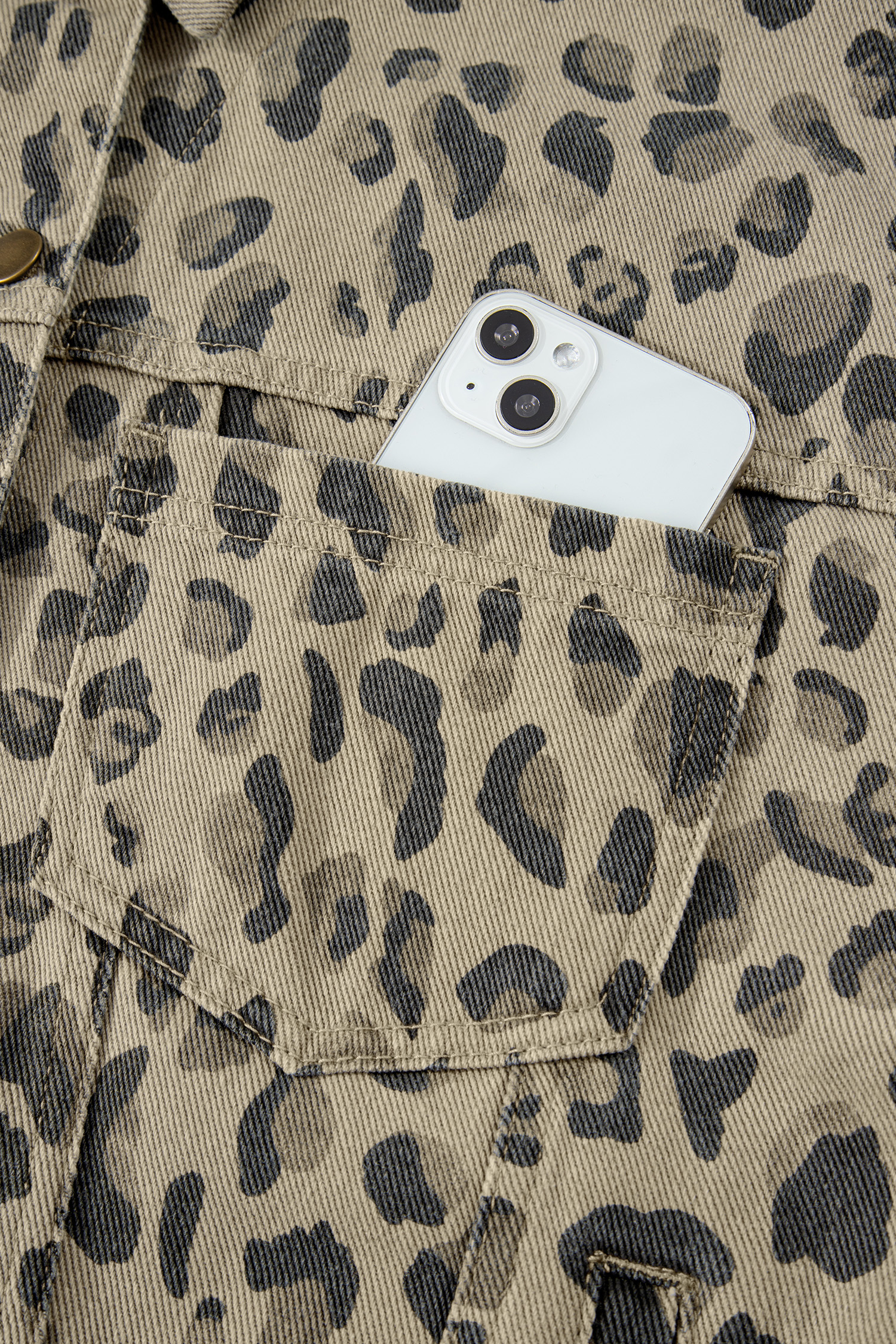 Khaki Retro Leopard Print Seam Detail Button Down Denim Jacket - loveforevers