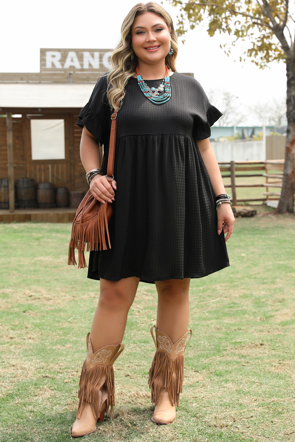 Black Textured Ruffled Sleeve Babydoll Plus Dress - loveforevers