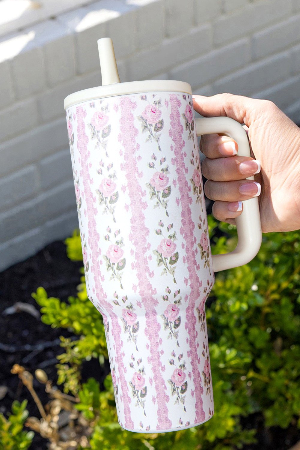 Light Pink Sweet Floral Print Straw Insert Thermo Tumbler Cup - loveforevers
