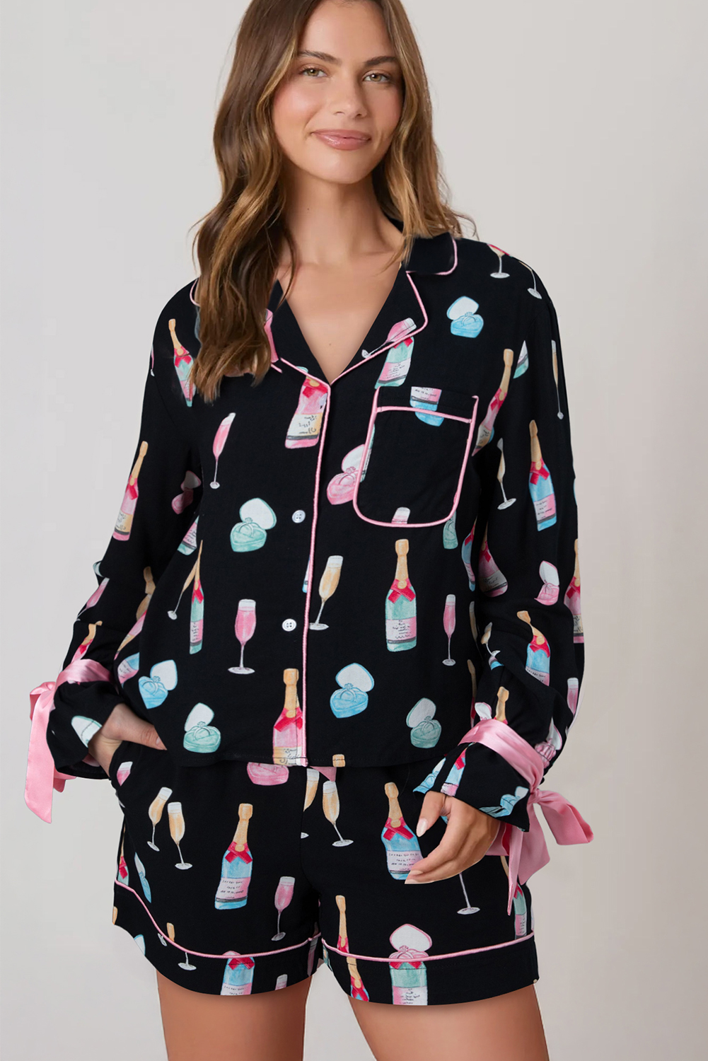 White Christmas Wine Glass Print Bow Knot Two Piece Pajama Set - loveforevers