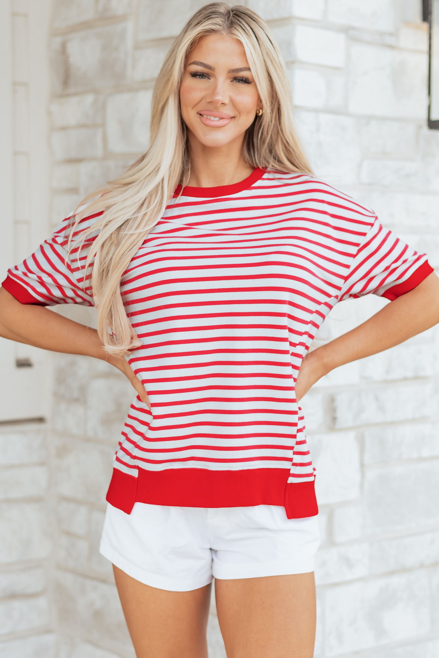 Red Stripe Drop Shoulder Half Sleeve T Shirt - loveforevers