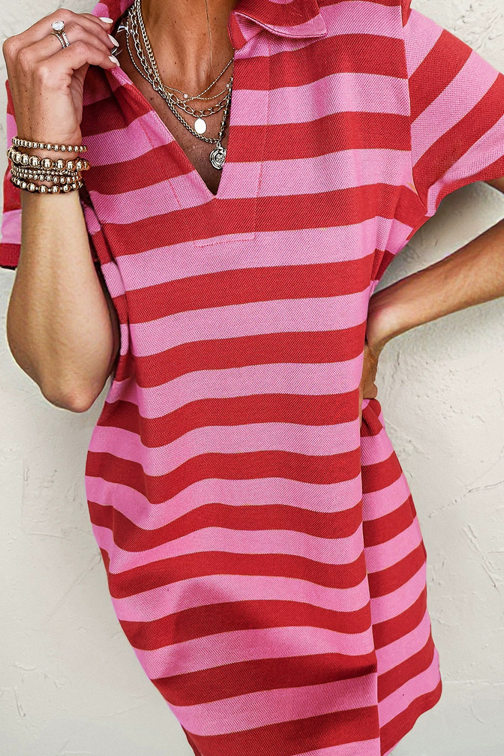 Red Stripe Textured Knit Collared V Neck Shift T Shirt Dress - loveforevers