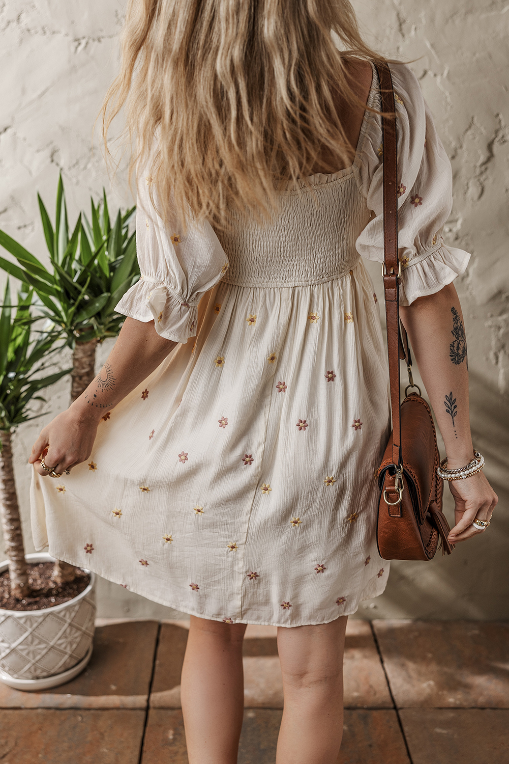 Beige Embroidered Flower Smocked Bust Half Puff Sleeve Empire Waist Textured Flowy Dress - loveforevers