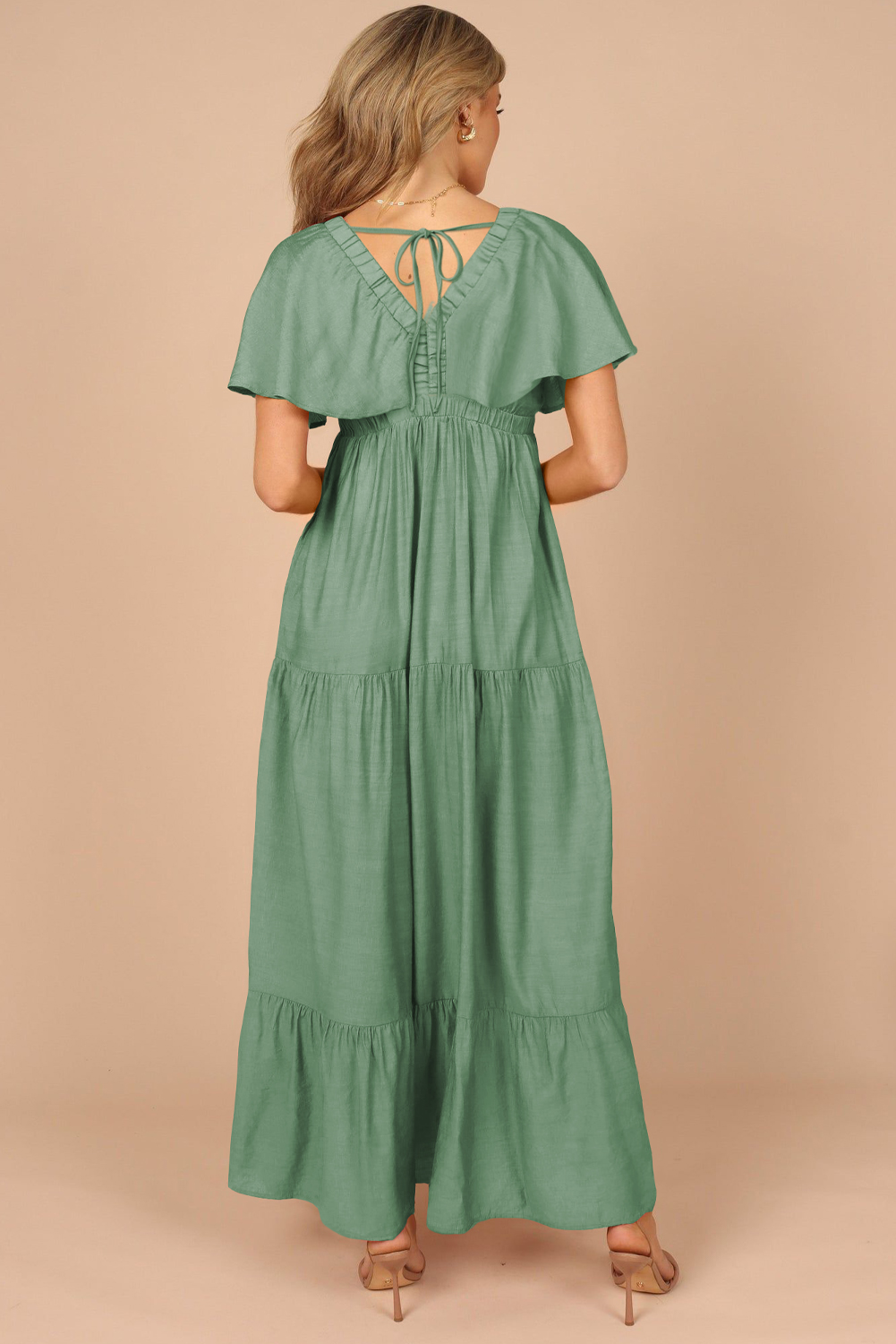 Grass Green Textured V Neck Flutter Sleeve Ruffled Maxi Dress - loveforevers