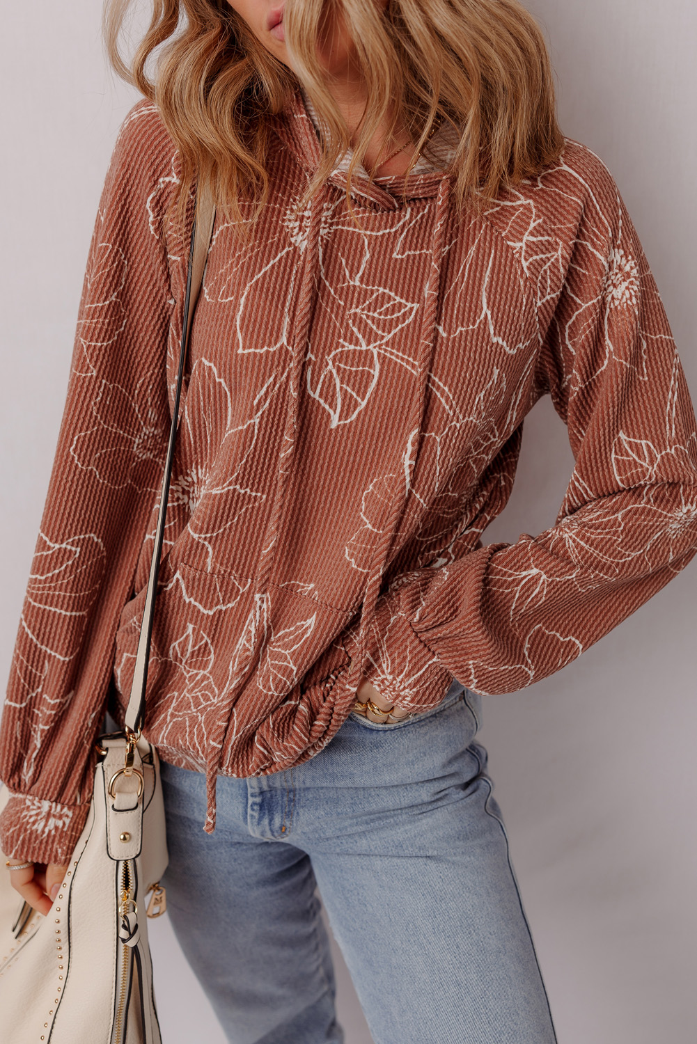 Brown Floral Twisted Rib Drawstring Kangaroo Pocket Hoodie - loveforevers