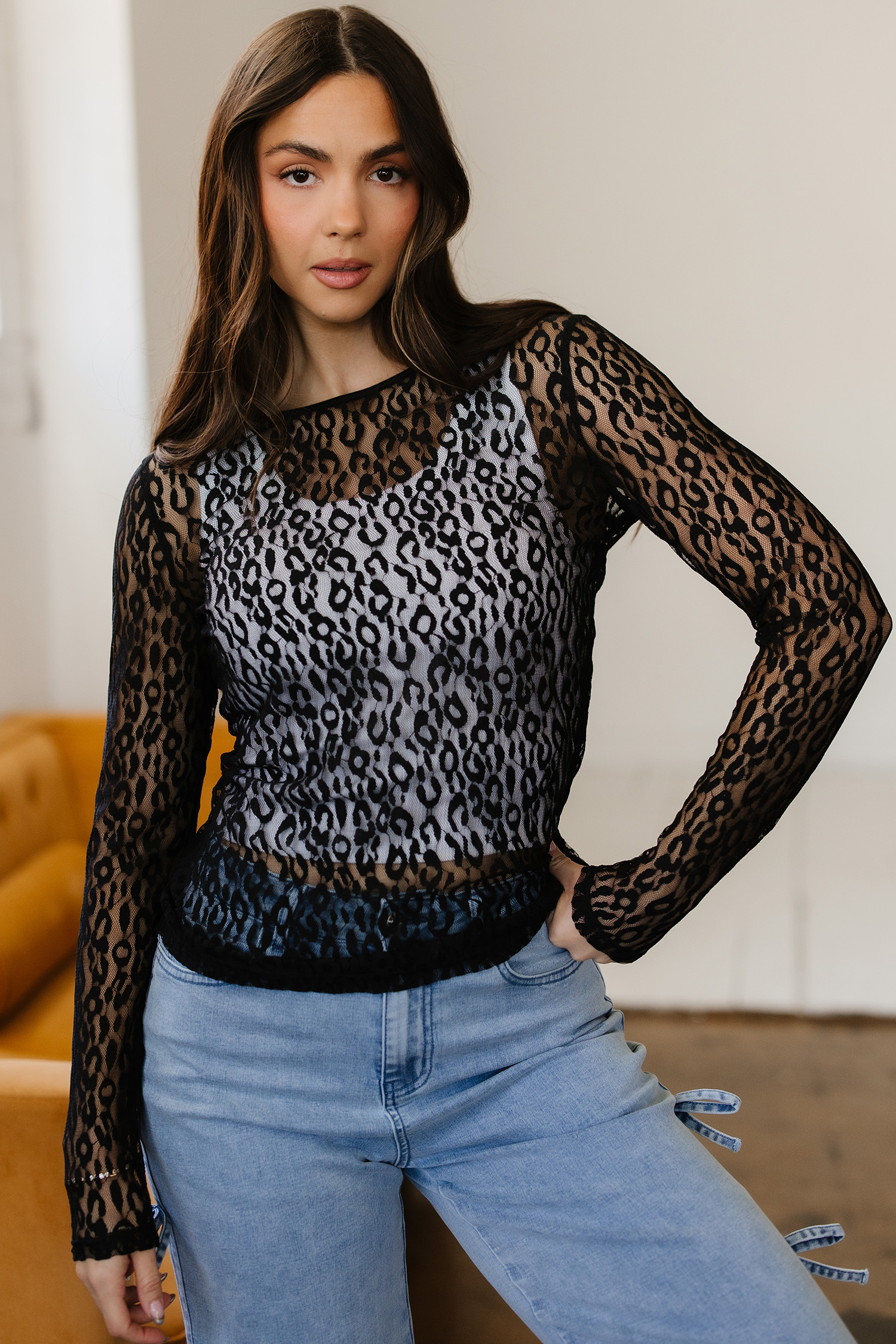 Black Leopard Pattern Sheer Mesh Long Sleeve Top - loveforevers