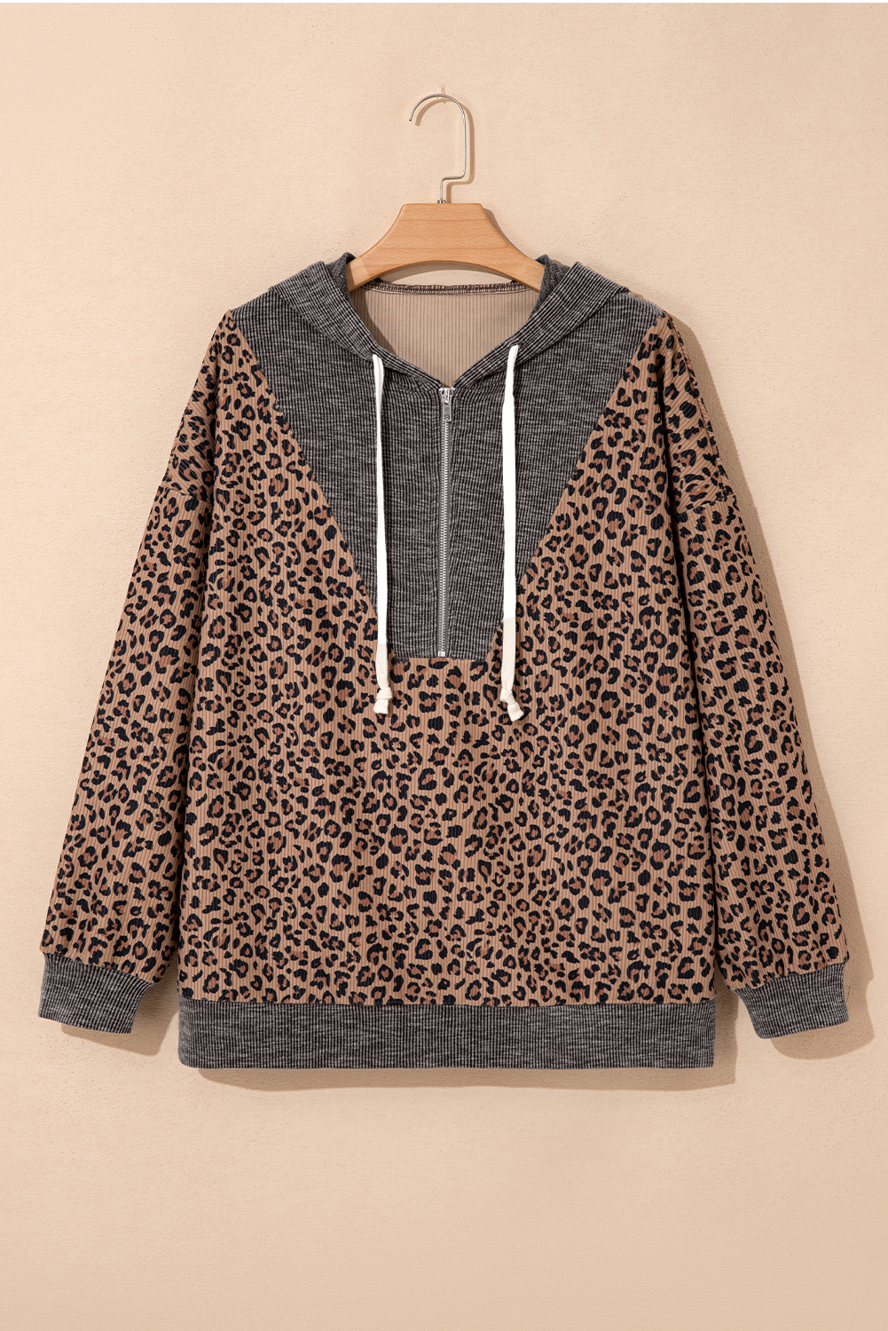 Khaki Ribbed Leopard Print Contrast Collar Zip Hooded Pullover Sweatshirt - loveforevers