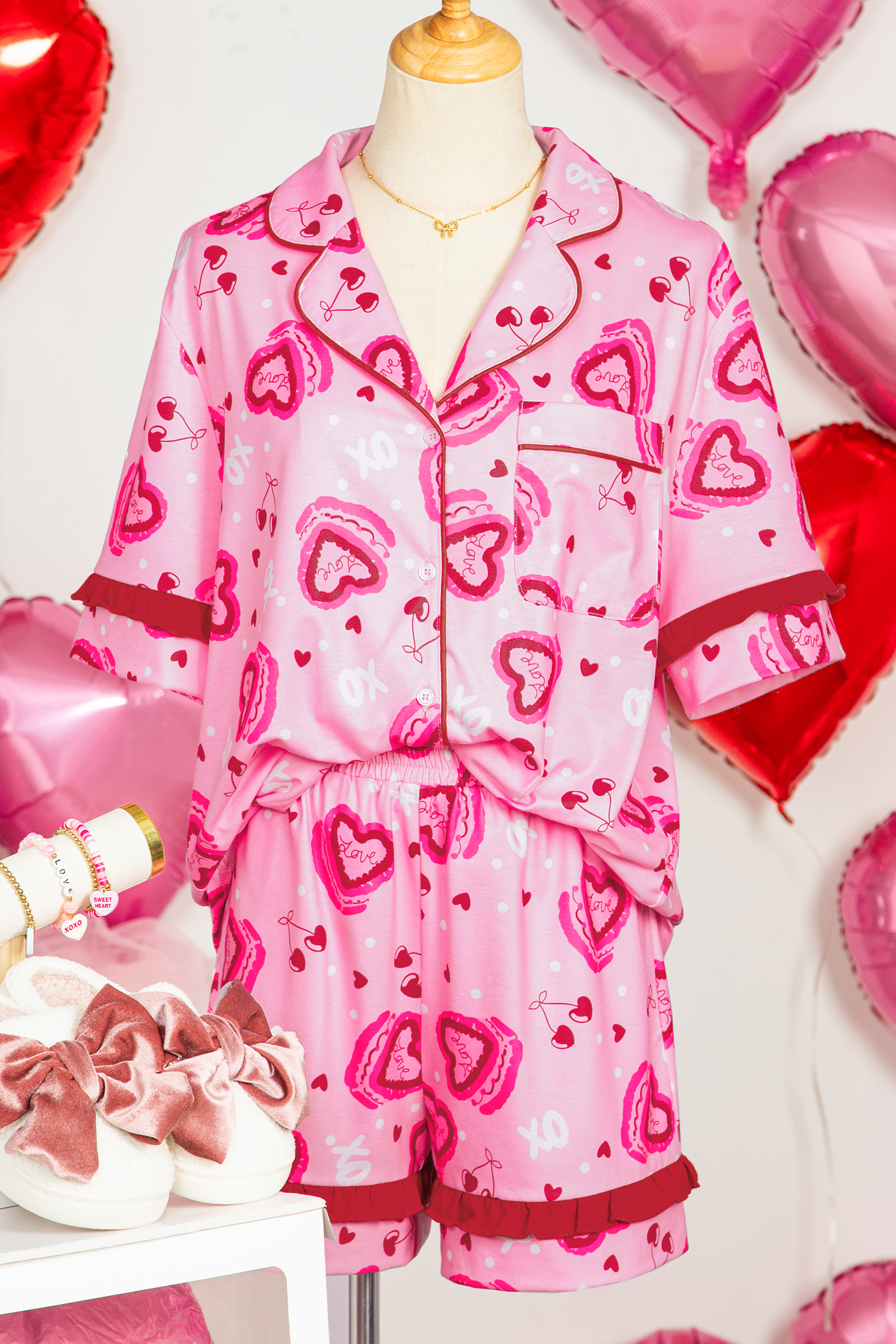 Pink Sweet Heart Cake Print Contrast Ruffle Trim Valentines 2pcs Pajama Set - loveforevers