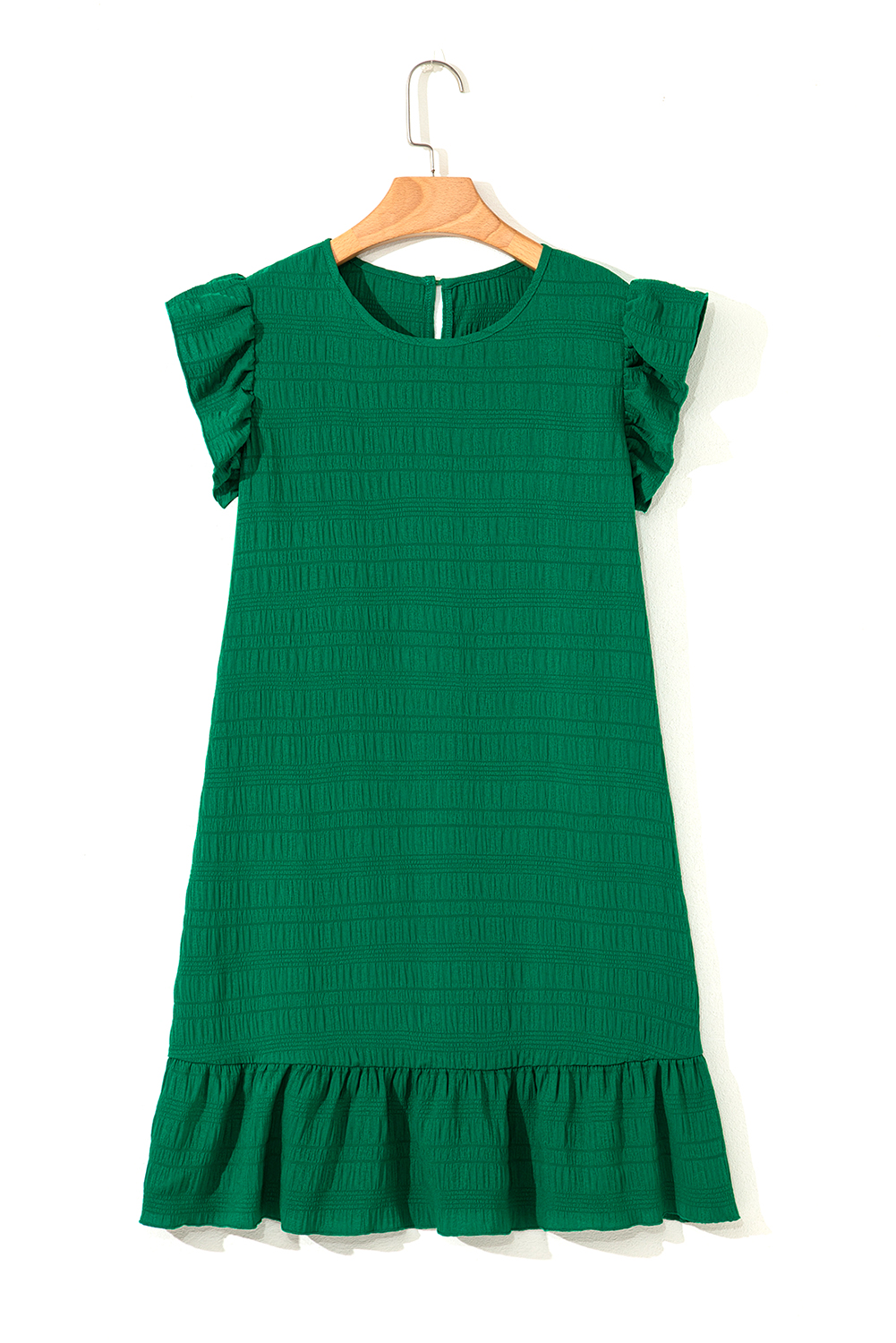 Dark Green Textured Ruffled Sleeve Round Neck Top - loveforevers