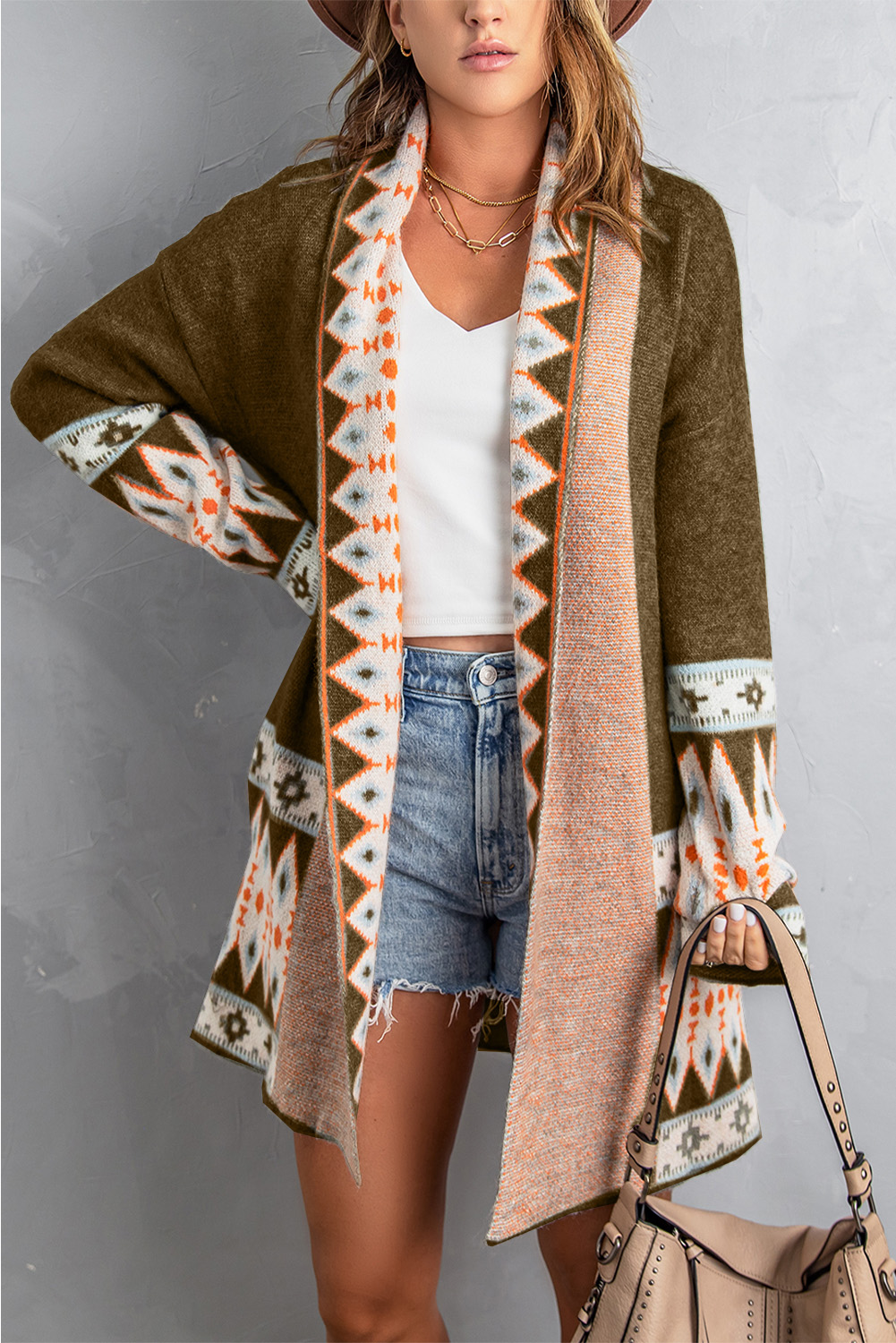 Brown Aztec Print Open Front Knitted Cardigan - loveforevers