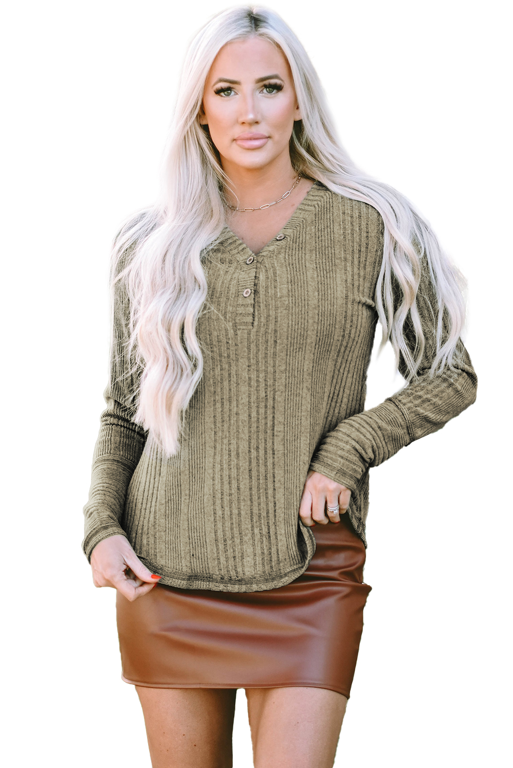Jungle Green V Neck Buttoned Ribbed Knit Top - loveforevers
