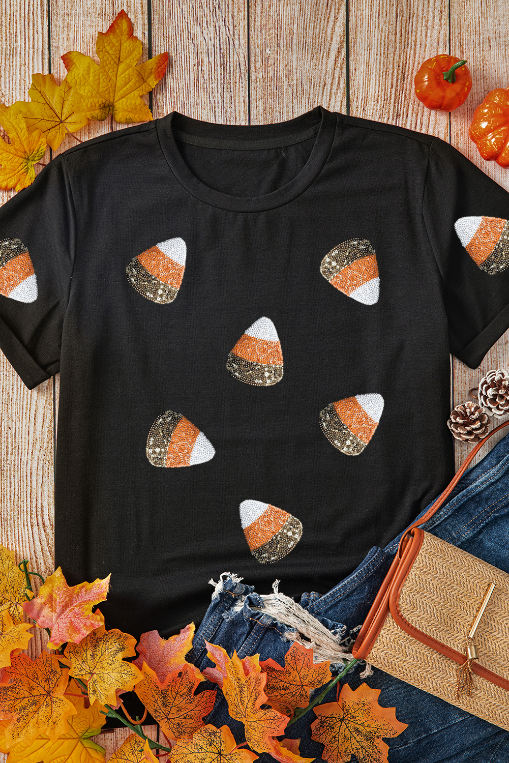 Black Sequin Candy Patched Pattern Halloween T Shirt - loveforevers