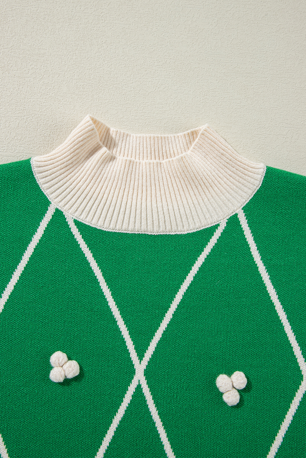Dark Green Diamond Pattern Pom Accents Contrast Trim High Neck Sweater - loveforevers